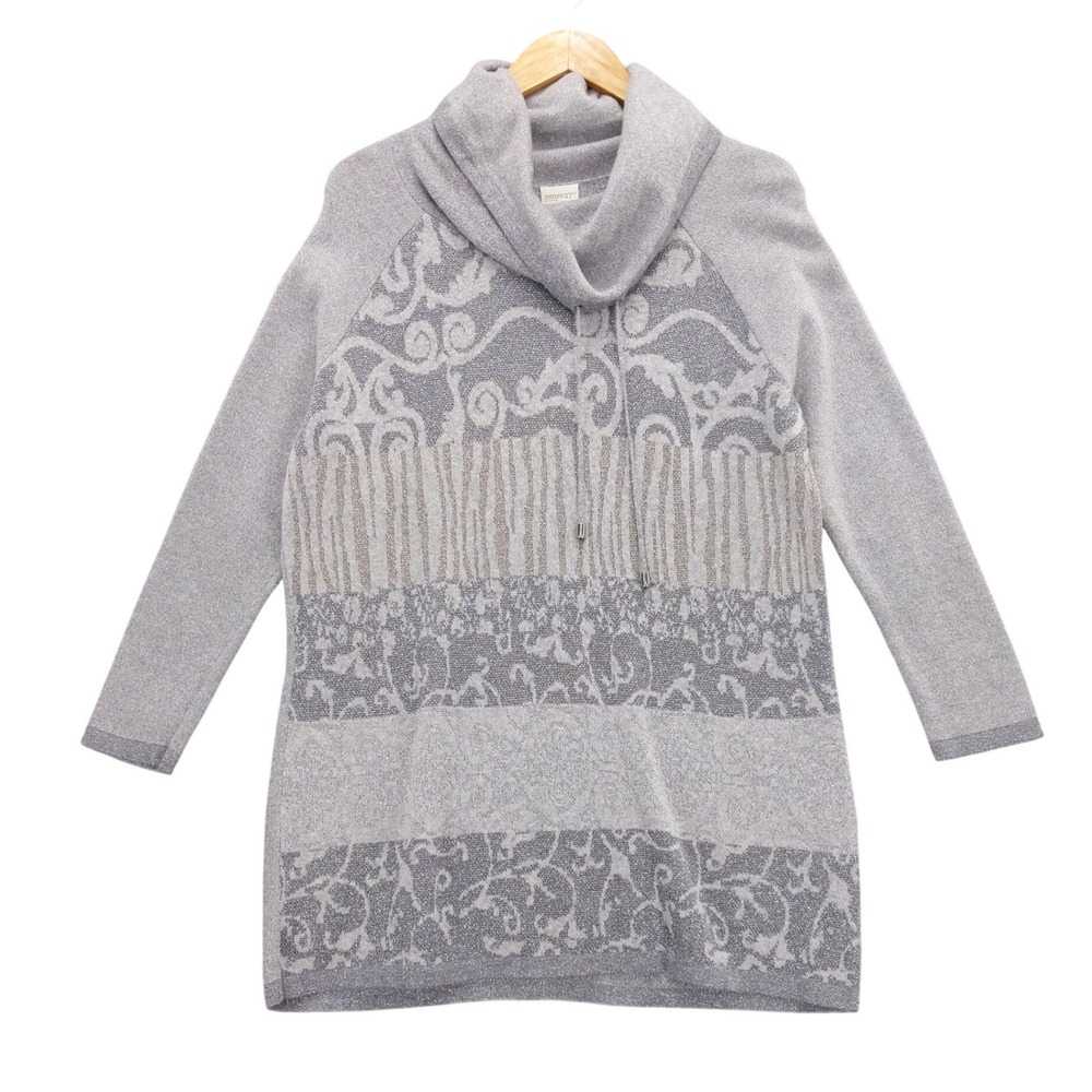 Zenergy by Chico's‎ Gray Metallic Striped Pattern Cowl Neck Tunic Sweater Sz 2 L